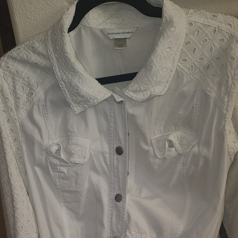Christopher & Banks Womens Shirt Jacket White Snap Button Collar Xl